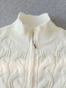 Tween Girl Girls' Double Zipper European Style Solid Color Cable Knit Hollow Out Short Cardigan Long Sleeve Suitable For Daily Casual Spring Autumn Winter - Apricot - View 6
