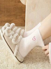 1/3/5 Pairs Per Pack, Thickened Warm, Cute Solid Color, Heart And Bow Patterns Available, Suitable For Spring, Autumn, Winter Wear. Simple Solid Color Mid-Calf Socks, Ideal Gift For Women On Christmas, Valentine's Day And Mother's Day. - Multicolor - View 7