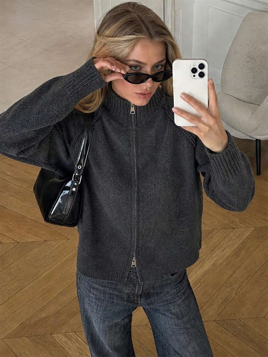 Wixra Korean Style Loose Knit Cardigan, Stand Collar Raglan Sleeve, Double Zipper Top, Solid Color Preppy Style - Dark Grey - View 1