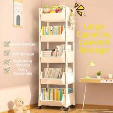 1pc White Mobile Storage Cart, Plastic Practical Storage Rack With Wheels, Adjustable Shelf Unit, Space-Saving For Living Room, Bedroom, Dorm, Office - Easy To Assemble, Sturdy Structure, Compact Design, Independent Stand, Tilted Shelves, Multi-Purpose - White - View 3