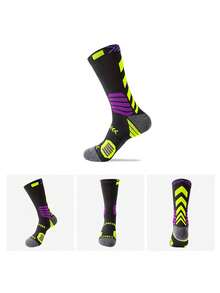 3 Pairs Men's Contrast Color Basketball Mid-Calf Socks, Cushioned Shock-Absorbing Breathable Training Sports Fitness Socks - Multicolor - View 7