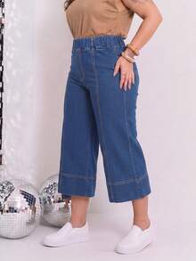 Plus Size Deep Blue Elastic Waist 8/10 Length Wide Leg Denim Jeans With Front Vertical Split Line And Cuffed Hem Casual Pants - Dark Wash - View 5