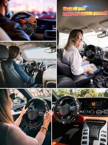 Women's Shiny Rhinestone PU Leather Car Steering Wheel Cover, Fits 14.5-15 Inch Steering Wheels, Breathable Anti-Slip All-Season Design, No Inner Ring, Easy Installation, Universal Car Interior Accessory - Style a - View 10