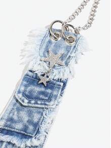 1PC Washed Distressed Denim Frayed Pocket Star Chain Decor Tie, Street Y2K Subculture Outfit Accessory - Multicolor - View 4