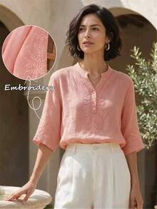 Women's Spring/Summer Solid Color Non-Positioned Embroidery Artistic Loose Casual Linen Top, Casual Blouses For Women,Vacation,Holiday,Country Concert,Pink Top - Pink - View 6