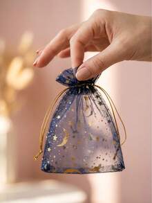 100/50/30/10pcs/Set Star & Moon Organza Drawstring Gift Bags, Gold Glitter Transparent Mesh Bags, Multicolor Transparent Organza Candy Jewelry Packaging Bags, Suitable For Wedding Party Holiday Favors - Multicolor - View 4
