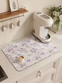 [New Thickened]Kitchen Dish Drying Mat, Table Mat, Absorbent Pad, Countertop Dish Mat, No-Wash Table Mat, Bowl And Plate Drying Mat, 3.6mm Thickness - Purple Flower - View 1