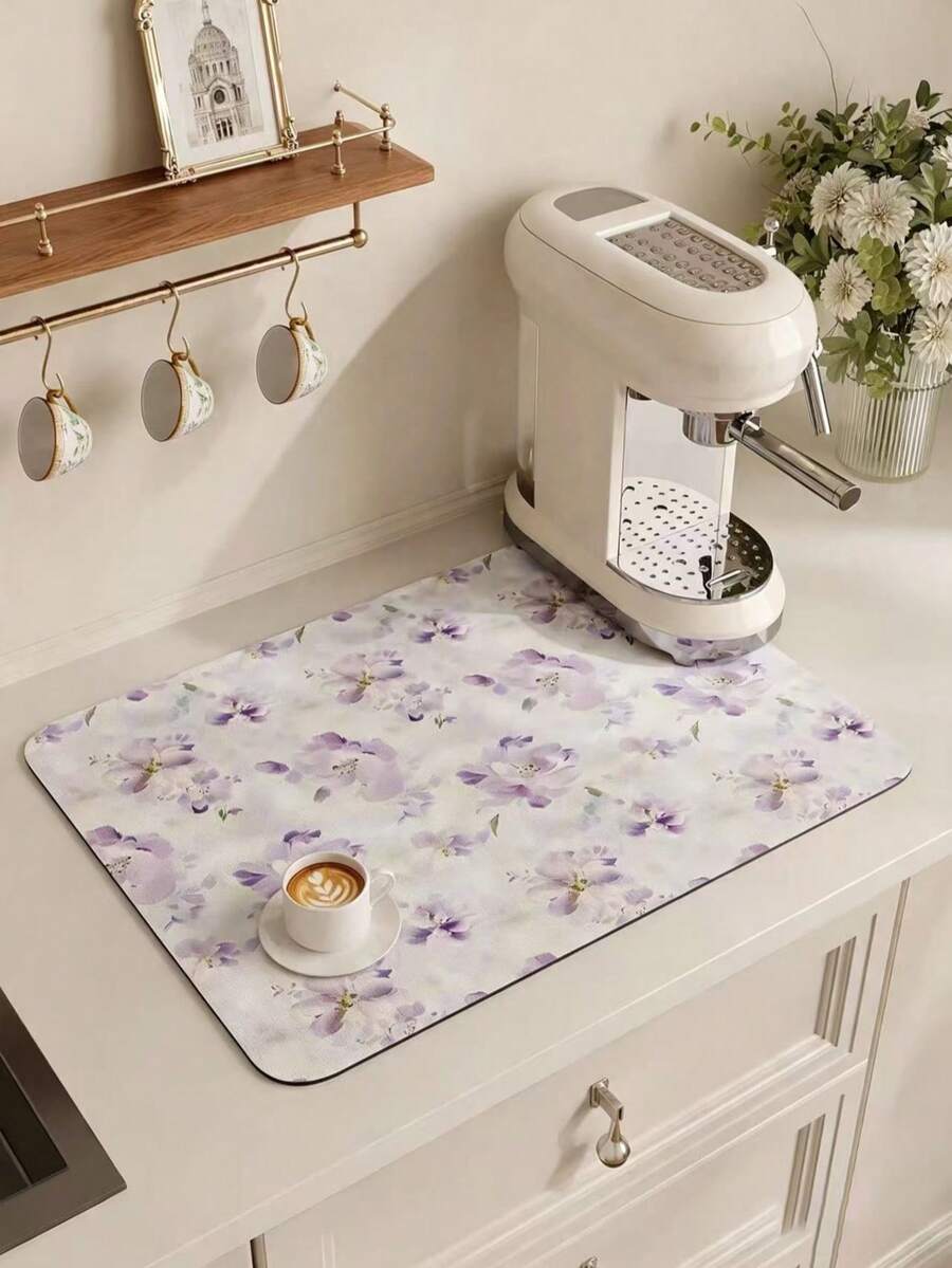 [New Thickened]Kitchen Dish Drying Mat, Table Mat, Absorbent Pad, Countertop Dish Mat, No-Wash Table Mat, Bowl And Plate Drying Mat, 3.6mm Thickness - Purple Flower - View 1