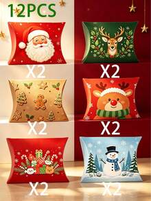 12Pcs Christmas Pillow Paper Gift Boxes Xmas Candy Cookie Treat Box Santa Snowman Reindeer Pattern Holiday Party Favor Packaging - View 10