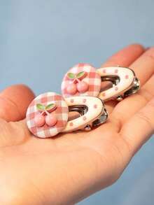 4pcs Cute Cherry Plaid Duckbill Hair Clips, Sweet Fabric Round Decor Hair Clips, Girls Daily Hair Accessories, Dual Color Set For Back To School, Christmas, Graduation Season, Everyday - Multicolor - View 3