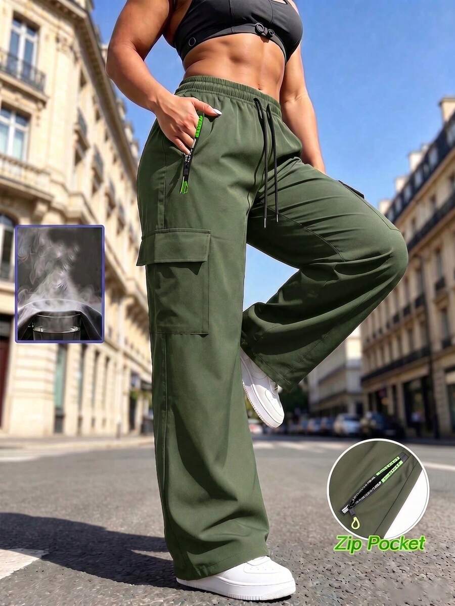 Women's Spring/Autumn Solid Color Multi-Pocket Cargo Pants, Straight Leg Zipper Outdoor Sports Long Pants - Army Green - View 1