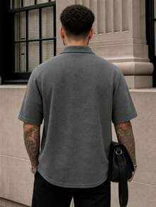 Lookun Men's Polo Shirt, Polo Collar, Short Sleeve, Knitted, Loose Fit, Dropped Shoulder, Commuter Style, V-Neck, Short Sleeve Top, Spring/Summer - Dark Grey - View 4