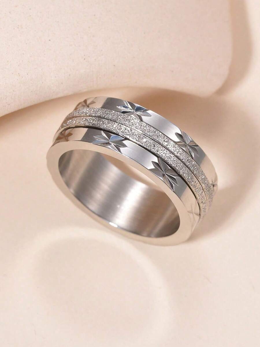 1pc Women's Silver Stainless Steel Waterproof Anti-Fading Hypoallergenic Matte Rotating Design Personalized Ring Suitable For Daily Wear, Gatherings And Parties - Multicolor - View 1