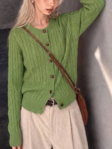 Women's Casual Minimalist Green Cable Knit Cardigan, Button Front, Long Sleeve Round Neck, Short Knit Sweater, Comfortable Winter Choice - Green - View 5