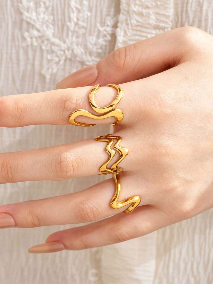 3pcs Minimalist Fashion Stainless Steel Gold Ring Set, Curved Hollow Open Design, Suitable For Women's Daily, Date, Engagement, Wedding, Halloween, Saudi National Day - Gold - View 1