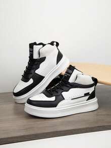 1 Pair Breathable All-Season Sports Shoes Lace-Up Design Lightweight Comfortable Running Shoes For Teenagers Fashionable Versatile Colorblock Patchwork Unisex Sneakers - Black and White - View 4