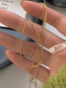 1pc Minimalist Premium Gold-Tone Stainless Steel Thin Chain Necklace With Clasp, Versatile Jewelry For Women's Daily Commute And Gift - Yellow Gold - View 3