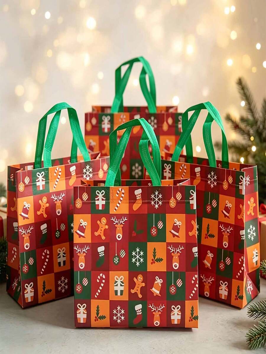 4 buah Tas Tote Kado Motif Kotak-kotak Natal, Tas Belanja yang Dapat Digunakan Kembali, Perlengkapan Pesta Kado Liburan Natal - MultiWarna - View 1
