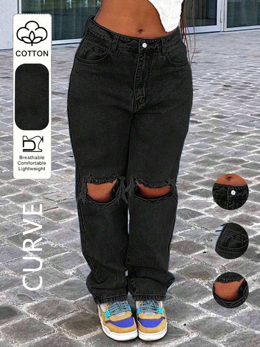 Plus Size Women Y2K Knee Ripped Skinny Straight Tapered Jeans, Mom Jeans Casual Black - Black - View 1