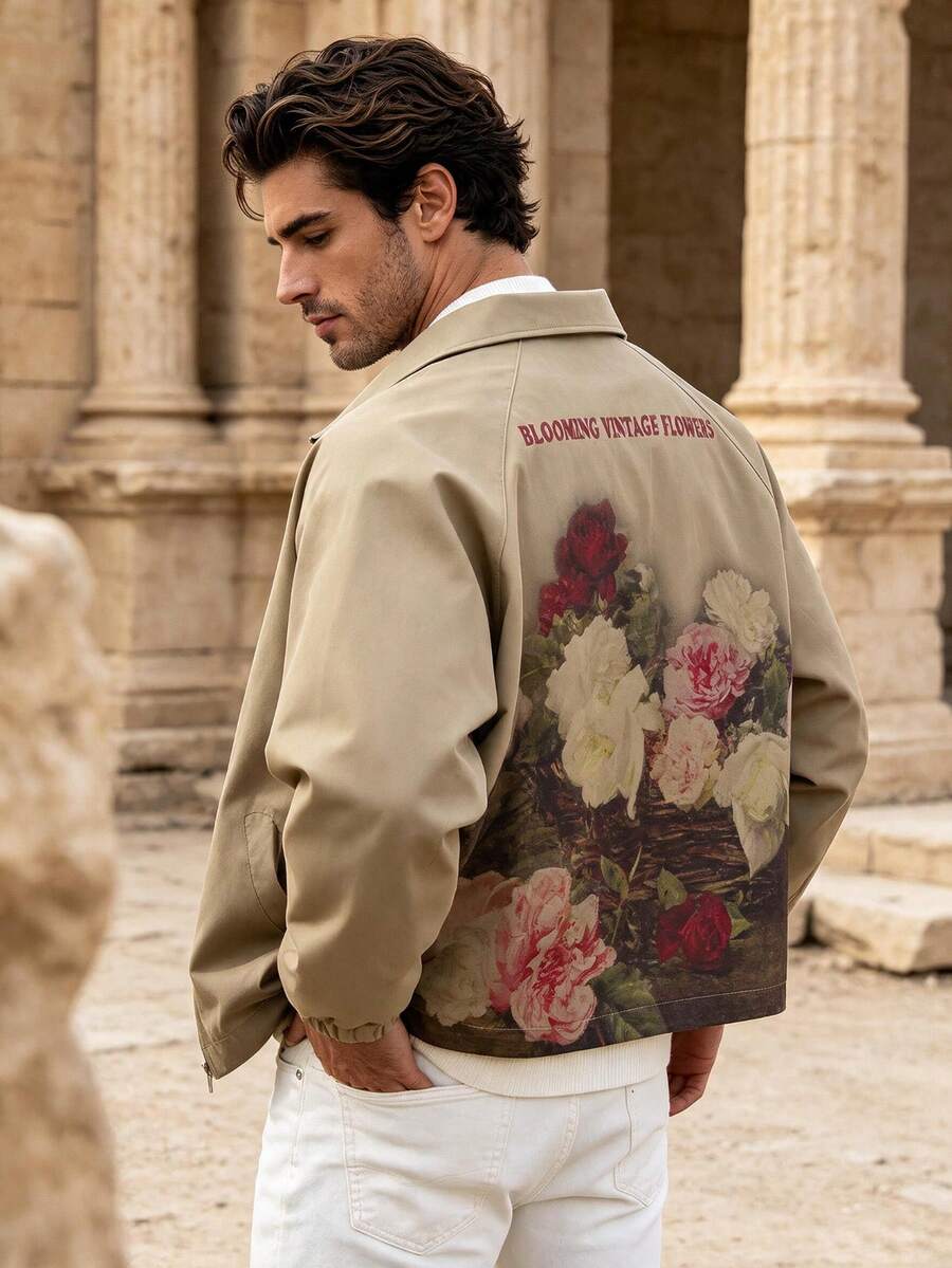 Men's Spring/Autumn Casual Fashion Floral Print Jacket Coat, Suitable For Street, Vacation, Commuting - Khaki - View 1