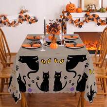 1pc Halloween Black Cat & Spider Web Print Rectangular Tablecloth, Suitable For Holiday, Party, Birthday, Dinner, Restaurant Table Decor, Autumn/Winter Home Decoration - Multicolor - View 2