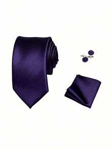 1 Set Men's 8cm Textured Tie, Pocket Square And Cufflinks Set, Suitable For Business Meetings, Wedding Party Groom Tie Set - Purple - View 3