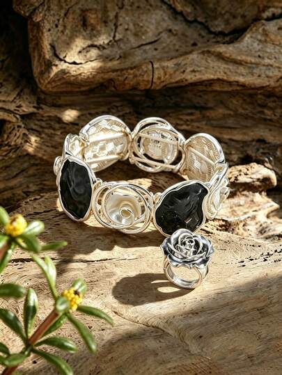 Cring Coco Retro Floral Rose Jewelry Set For Women, Antique Hollow Bangle Bracelet & Adjustable Rose Ring, Black Stone Inlaid Bohemian Daily Party Wear Jewellery