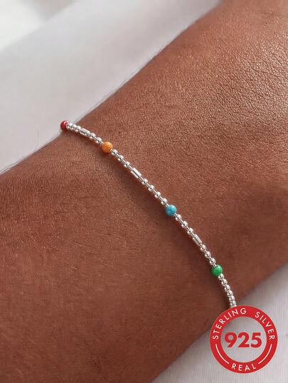 1 pezzo Braccialetto in argento sterling S925 con perline colorate dolci e carine per donne, stile coreano INS minimalista fresco con palette di colori dopamina, gioiello da mano personalizzato artistico elegante di nicchia con design raffinato, versatile per uso quotidiano casual e feste, regalo