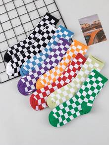5/10 Pairs Men's Mid-Calf Socks, Colorful Checkerboard Pattern Street Style Unisex Comfortable Versatile Fashion Socks - Multicolor - View 2
