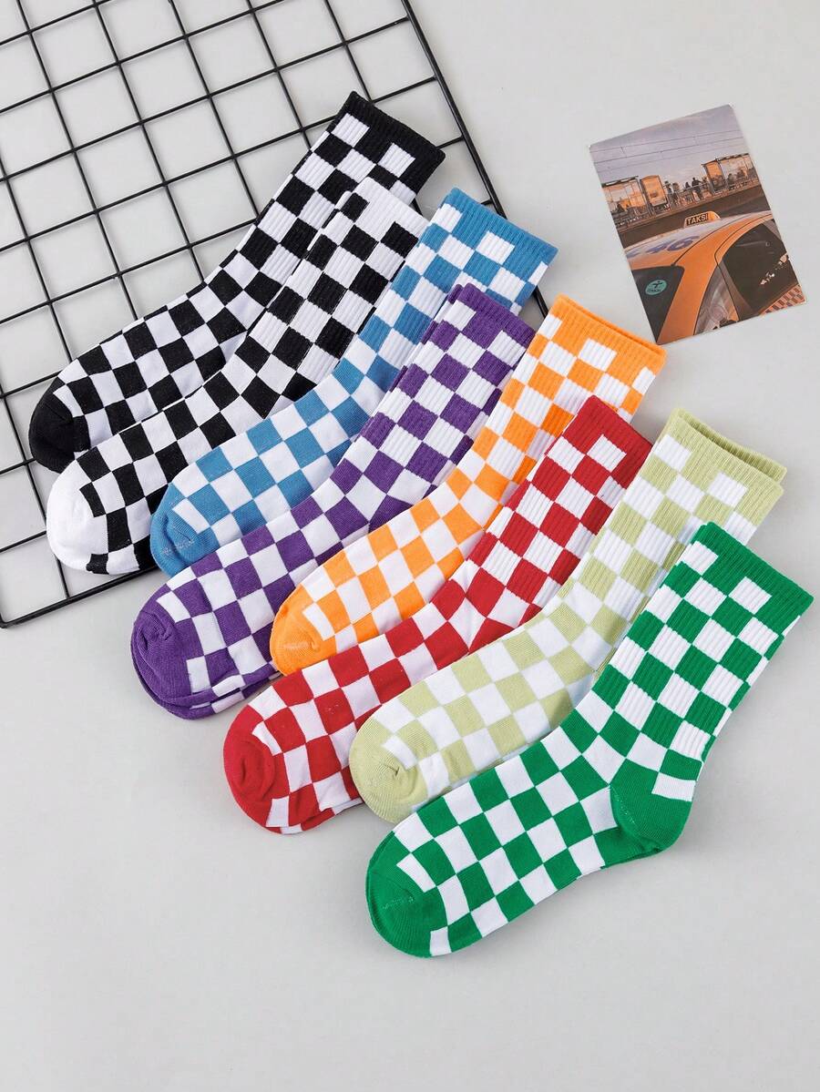 5/10 Pairs Men's Mid-Calf Socks, Colorful Checkerboard Pattern Street Style Unisex Comfortable Versatile Fashion Socks - Multicolor - View 1