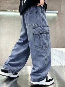 Celana Jeans Denim Kasual Model Lurus, Cocok Untuk Anak Laki-Laki, Gaya Jalanan - Biru - View 1