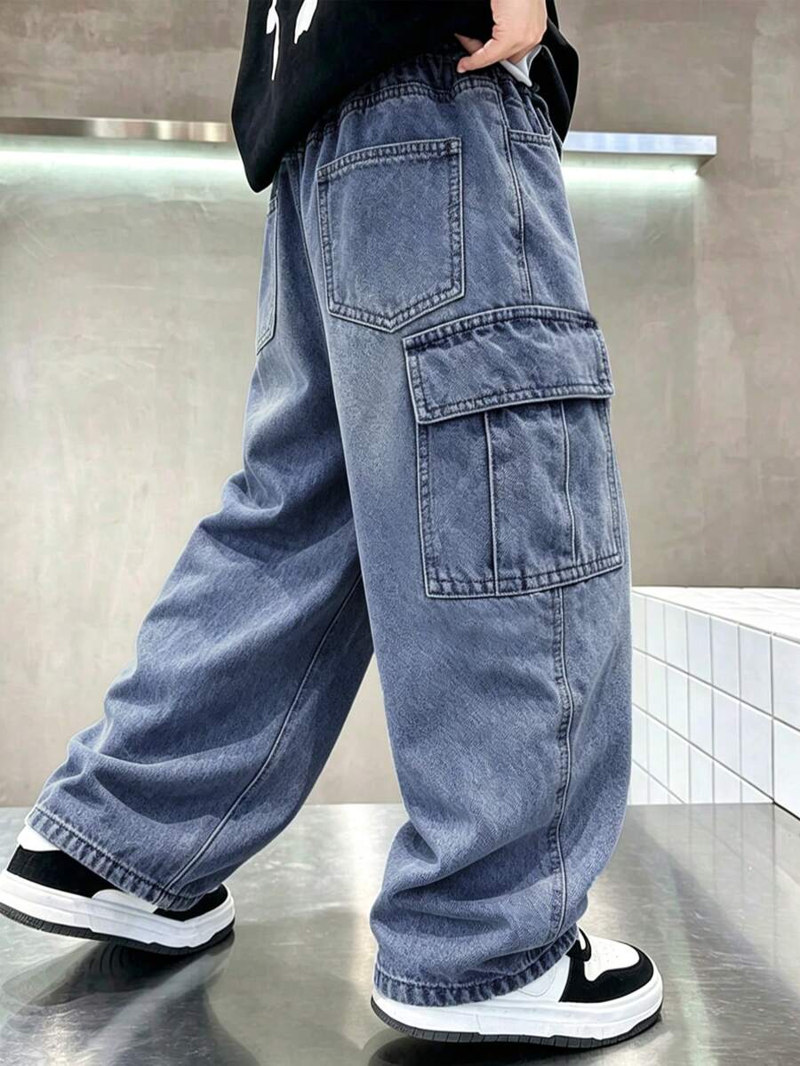 Celana Jeans Denim Kasual Model Lurus, Cocok Untuk Anak Laki-Laki, Gaya Jalanan - Biru - View 1