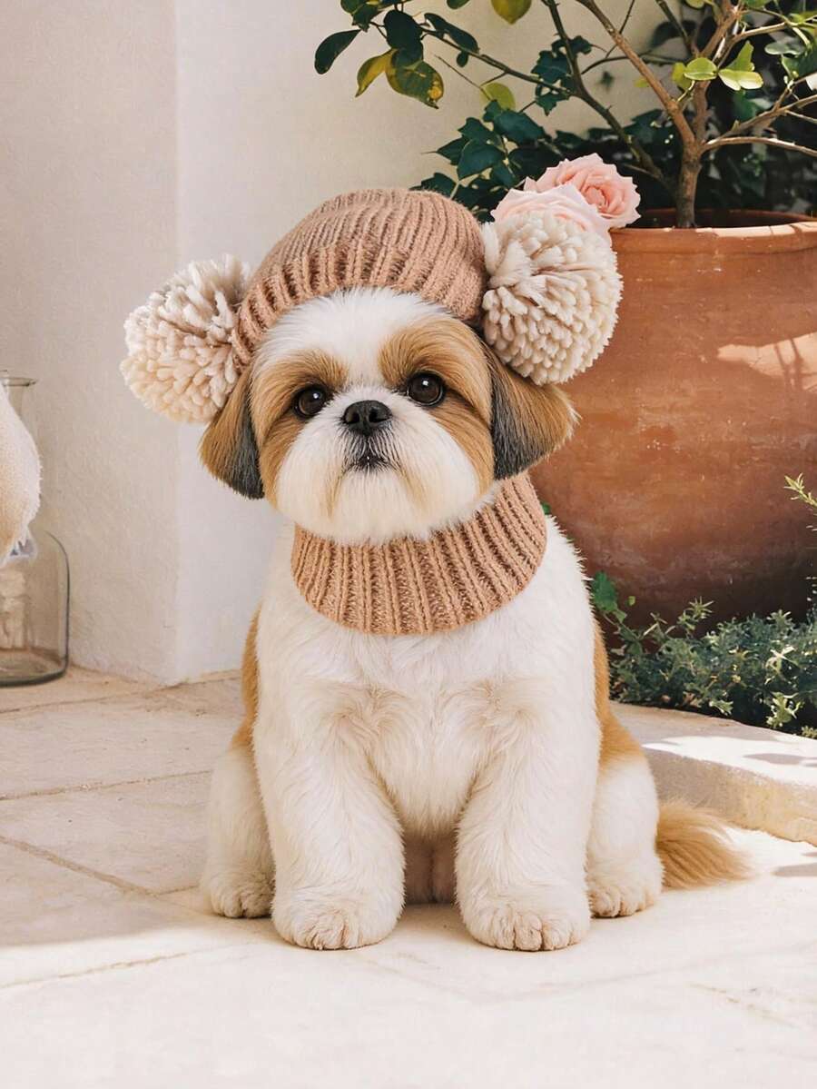 PETCIRCLE 1PC Pet Clothes Small Dog Puppy Cat Cute Soft Breathable Warm Ball Yarn Hat - Coffee - Brown - View 1
