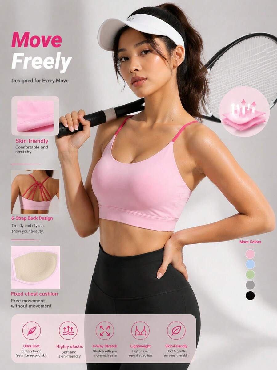 Color-Blocked Six-String Backless Sports Bra For Women, Spaghetti Strap Hollow-Out Shockproof Fitness Bra, Yoga/Pilates Top With Fixed Padding Pink - Pink - View 1