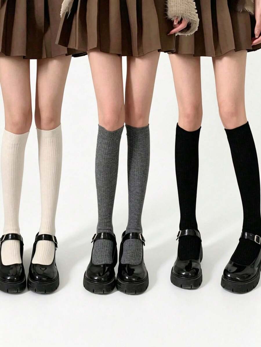 3雙純色休閒百搭女款春/秋季鬆弛感膝下中筒長襪 - 彩色 - 查看 1