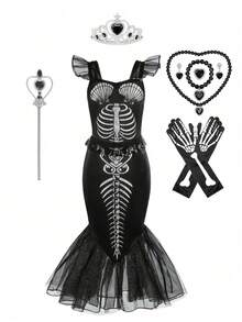 Young Girls Black Horror Skeleton Mermaid Dress For Halloween Costume, Paired With Crown, Magic Wand, Skeleton Gloves, Necklace, Bracelet, Earrings, And Ring For Halloween Party, Carnival, Friends Gathering, Birthday Party, Stage Performance And Other Major Festivals - Black - View 1
