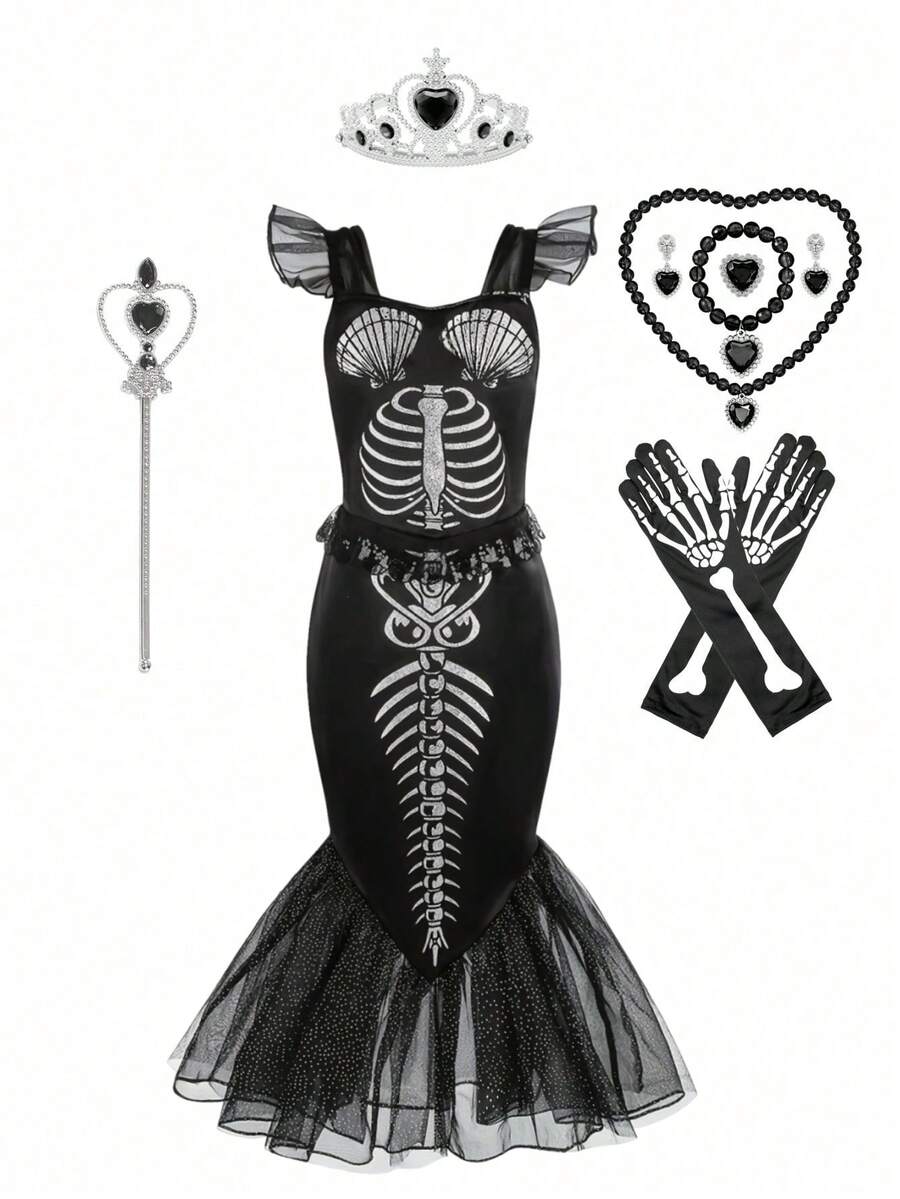 Young Girls Black Horror Skeleton Mermaid Dress For Halloween Costume, Paired With Crown, Magic Wand, Skeleton Gloves, Necklace, Bracelet, Earrings, And Ring For Halloween Party, Carnival, Friends Gathering, Birthday Party, Stage Performance And Other Major Festivals - Black - View 1