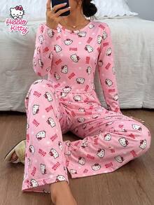 SANRIO 2 قطعة/مجموعة ملابس منزلية للبنات بطبعة Hello Kitty وردية كاملة، ملابس علوية بأكمام قصيرة وطويلة + بنطال بساق مستقيمة، ناعمة وصديقة للبشرة ومريحة بأسلوب حلو وجميل - وردي - مشاهدة 2