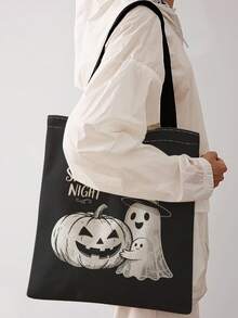 1pc Halloween Skull Print Shoulder Tote,Large Capacity For Books,Groceries & Daily Beach Travel School Use. For Students, Great Daily Bag Or Gift - Multicolor - View 2