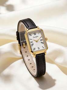 1pc Women's Rectangular Retro Quartz Watch,Gold Alloy Case,White Corrugated Dial,Black PU Strap,Elegant Watch,Suitable For Daily Wear And Gift Giving - White - View 1