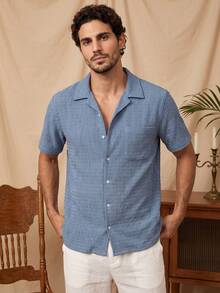 glestore Men's Retro-Style Casual Classic Solid-Color Textured Short-Sleeve Shirt-Perfect For All Seasons, A Must-Have Fashion Item - Dusty Blue - View 5
