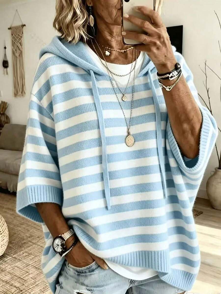 大尺碼女款休閒時尚拼色寬鬆連帽條紋針織毛衣,秋冬針織上衣開襟衫 - 淺藍色 - 查看 1