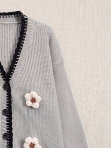 Women's Winter 3D Floral Knit Cardigan - Contrast Trim Cardigan, Christmas New Year Holiday - Grey - View 6