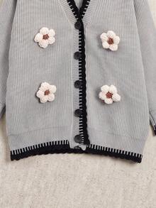 Women's Winter 3D Floral Knit Cardigan - Contrast Trim Cardigan, Christmas New Year Holiday - Grey - View 9