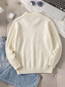 Boys' Preppy Solid Color Cable Knit Half-Zip Pullover Sweater, Suitable For Daily Wear, School, Spring, Autumn, Winter - Apricot - View 5