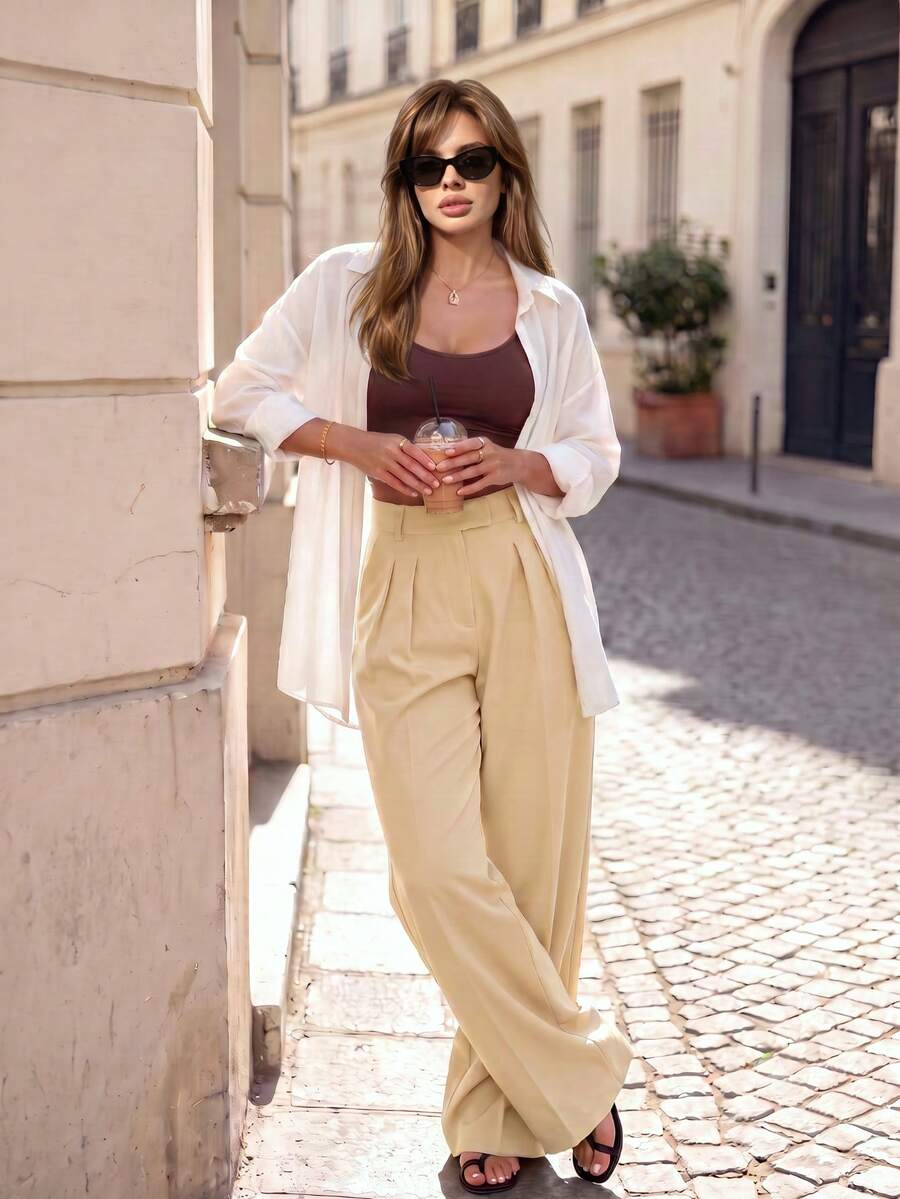 High Waist Pleated Wide Leg Suit Pants, Elegant Solid Color Straight Leg Trousers, Office Daily Wear
