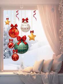 1pc Christmas Decoration Static Cling Window Sticker With Christmas Ball Snowflake Red Bow Design, Removable Double-Sided Visible Reuse PVC Stickers, Suitable For Living Room, Bedroom Home Decor And Window Glass Beautification Decoration - Multicolor - View 2