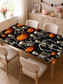 1pc Halloween Elastic Rectangular Tablecloth, Full Moon Haunted House Pumpkin Ghost Print, Outdoor Yard Party, Halloween Popular Decoration, Holiday Banquet Table Protector - C - View 6