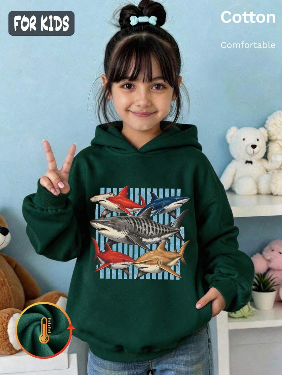 Autumn Girls Shark Print Hoodie Long Sleeve Black Blue Stripe Y2K - Dark Green - View 1