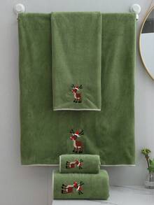1件/4件組聖誕馴鹿刺繡毛巾浴巾套組，超柔軟珊瑚絨，快乾不掉毛，桑拿毛巾，高吸水性，客用毛巾，高品質，浴室裝飾，聖誕降臨節最佳禮物，毛巾尺寸34*75cm/40*80cm，浴巾尺寸70*140cm/90*170cm - 綠色 - 查看 8